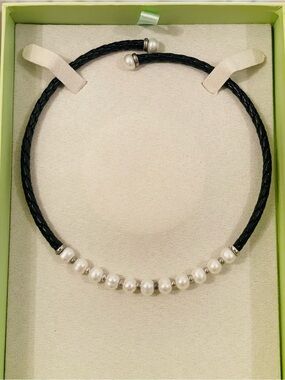 Ross-Simons Sterling Silver Freshwater Pearl Leather Braided Choker Necklace